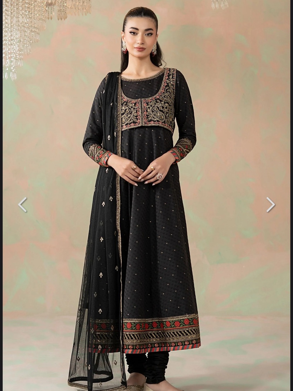 Black Long Sleeve Embroidered Anarkali Dress